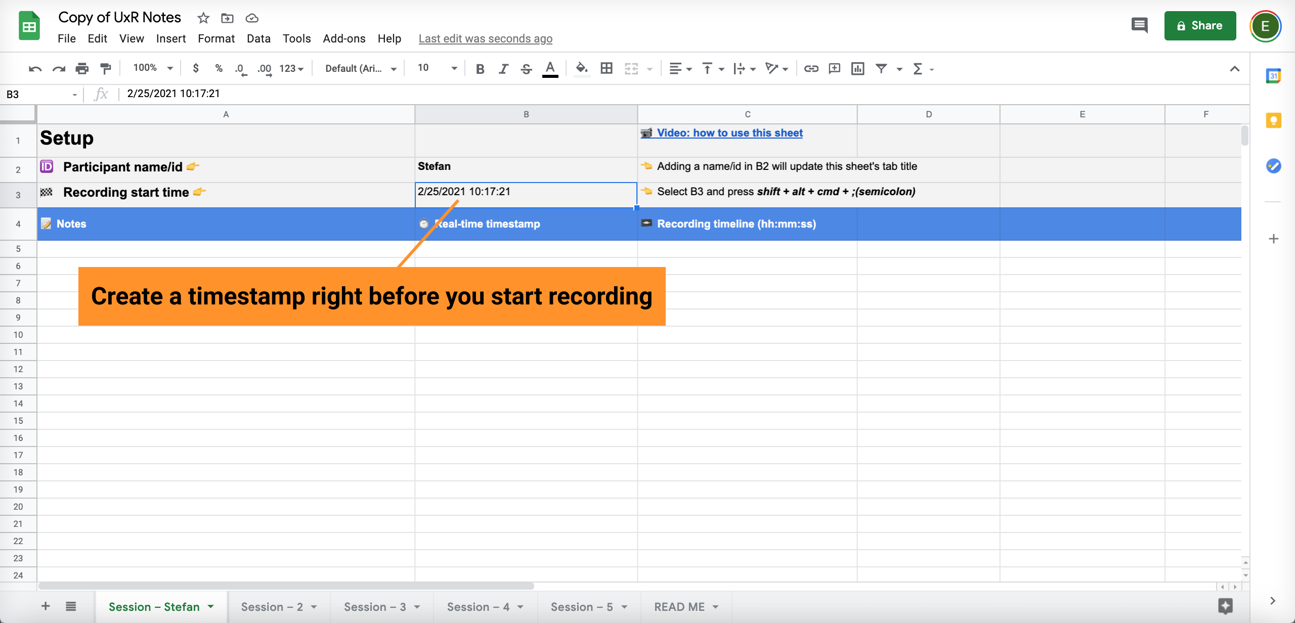 screenshot: most important step. Create a timestamp right before you start recording